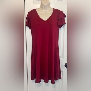 NIVYEE Casual A-Line V-Neck Casual Dress, Flutter Sleeves, Pockets, Red, Medium